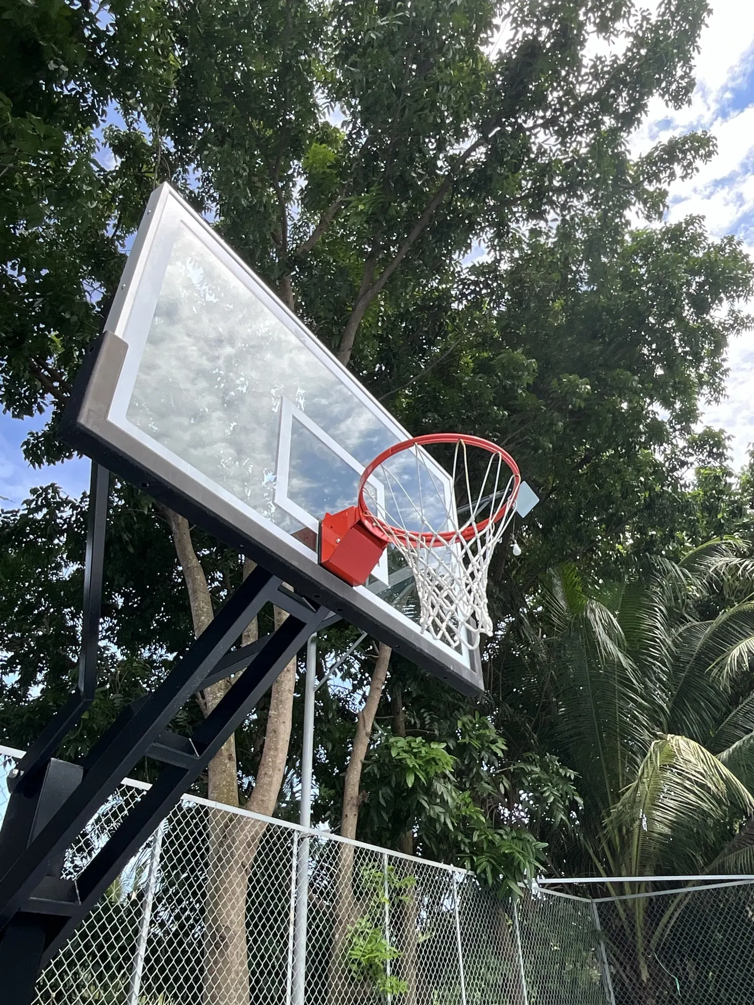 The ring and glass backboard seen from below