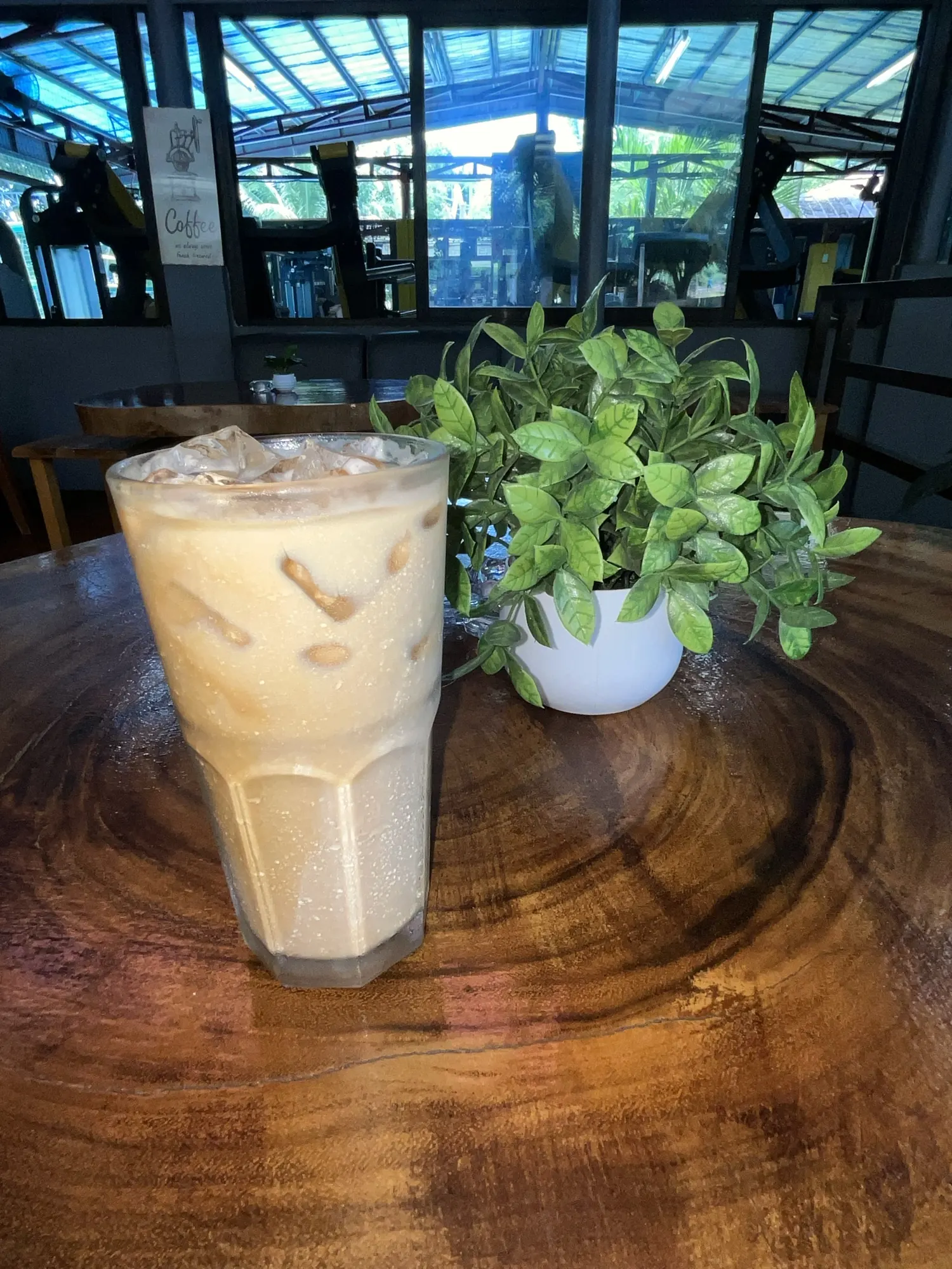 Iced coffee in a tall cup on a live-edge table