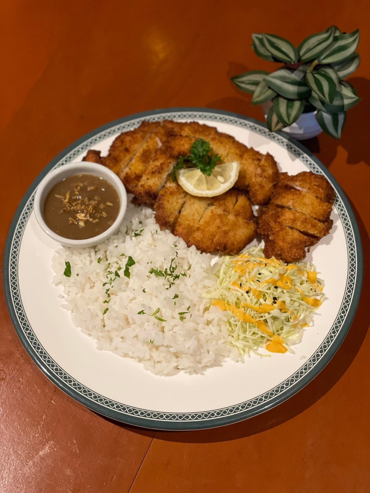 Breaded cutlet with rice, sauce and a side