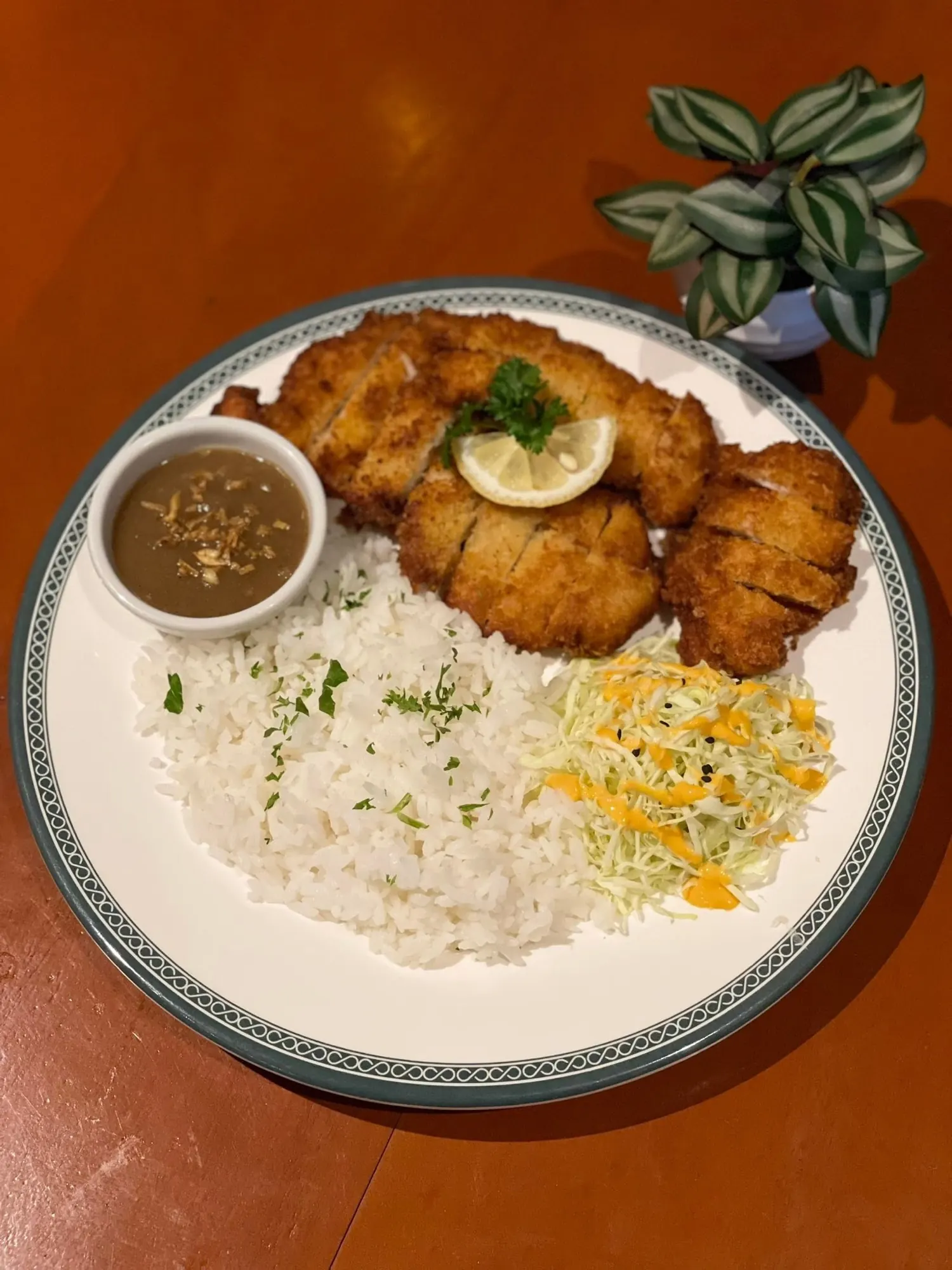 Breaded cutlet with rice, sauce and a side
