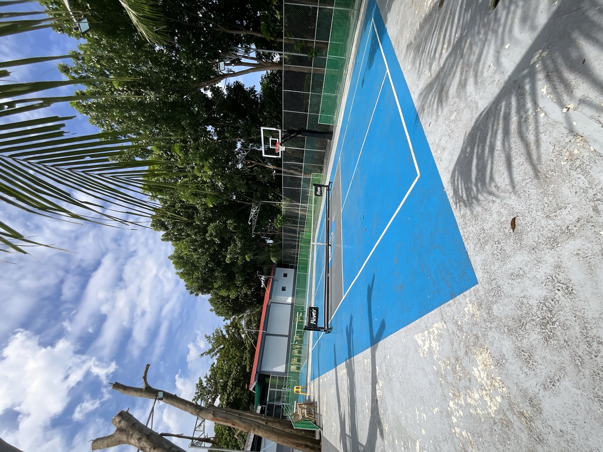 The ring at the far end of the court with the painted key on the slab