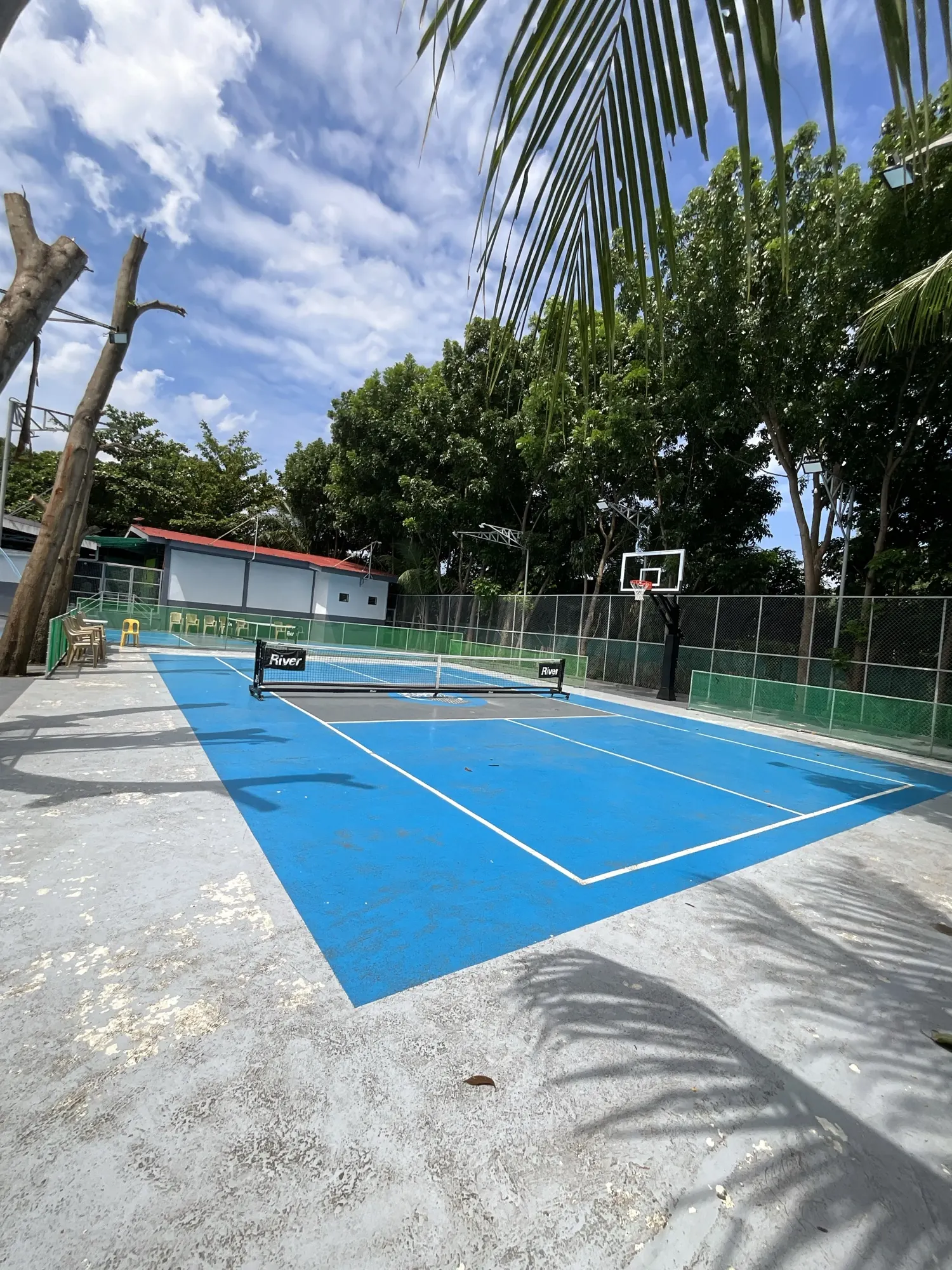 The ring at the far end of the court with the painted key on the slab