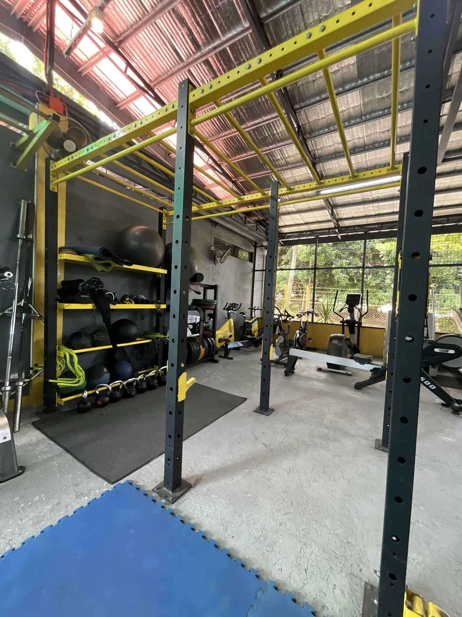 Functional training rig with kettlebells and medicine balls
